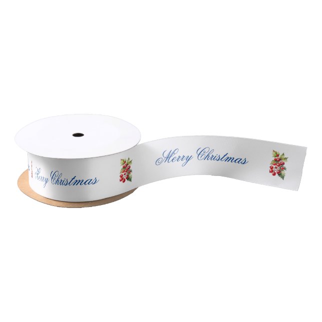 Ruban En Satin Blanc avec Red Holly Berries Cadeau Enveloppement (Bobine)