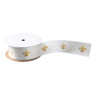 Ruban En Satin Blanc élégant et Gold Fleur De Lis Ribbon