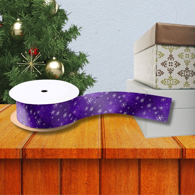 Ruban En Satin Blanche-Neige, Blue Purple Background (White Snowflakes with Blue-Purple Background Satin Ribbon)