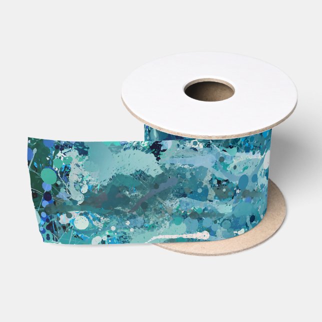 Ruban En Satin Bleu Blanc Turquoise Mer vague Splash Abstraction (Bobine)