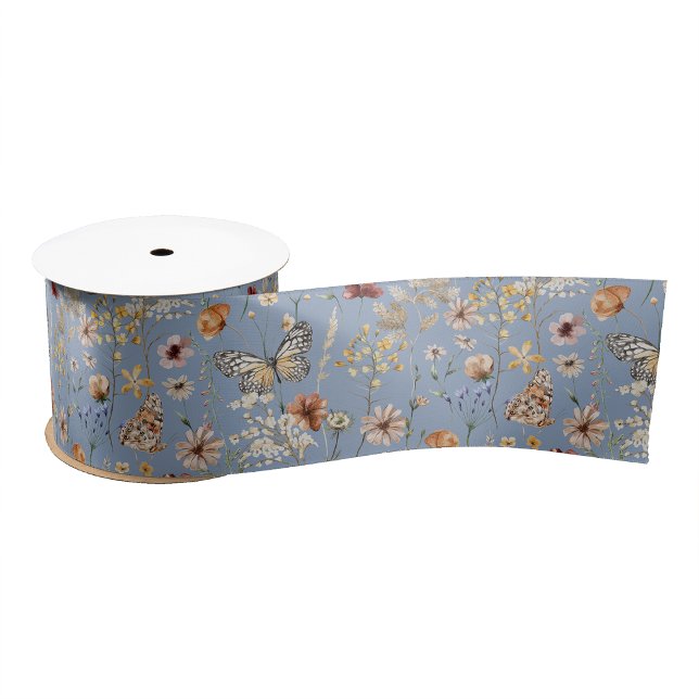 Ruban En Satin Bleu Bohème Fleur Sauvage (Dusty Blue Boho Wildflower Satin Ribbon with Butterflies by Painted Paperie
)