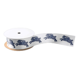 Ruban En Satin Bleu et blanc Lapin Floral Delft Dedham Bunny