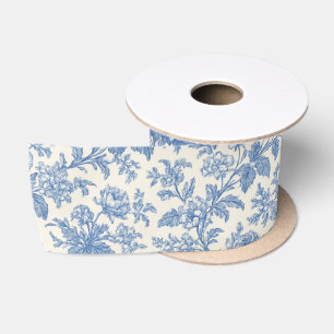Ruban En Satin Bleu et Crème Floral Toile de Jouy