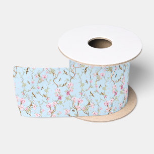 Ruban En Satin Bleu et rose Chinoiserie Botanique Oiseaux et Fleu