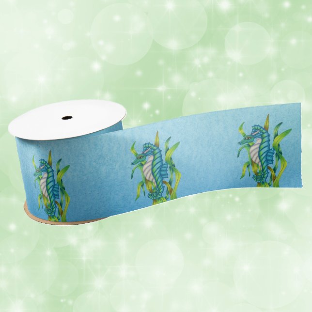 Ruban En Satin Bleu Magique Bleu Blancs Dragon Créature Algues (Magical ocean sea dragons with seaweed on shades of blue roll of gift wrap or craft ribbon.)