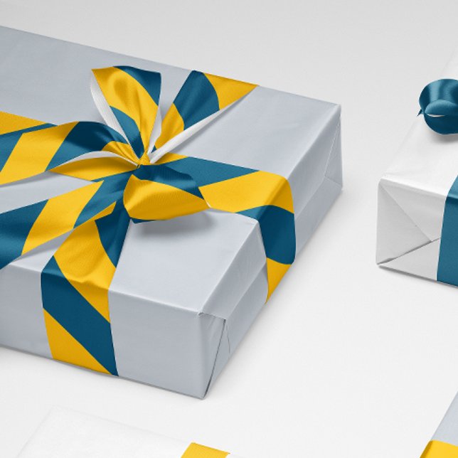 Ruban En Satin Bleu marine et large rayure jaune (blue and yellow wide angle stripes patterned ribbon for gift wrapping and crafts)
