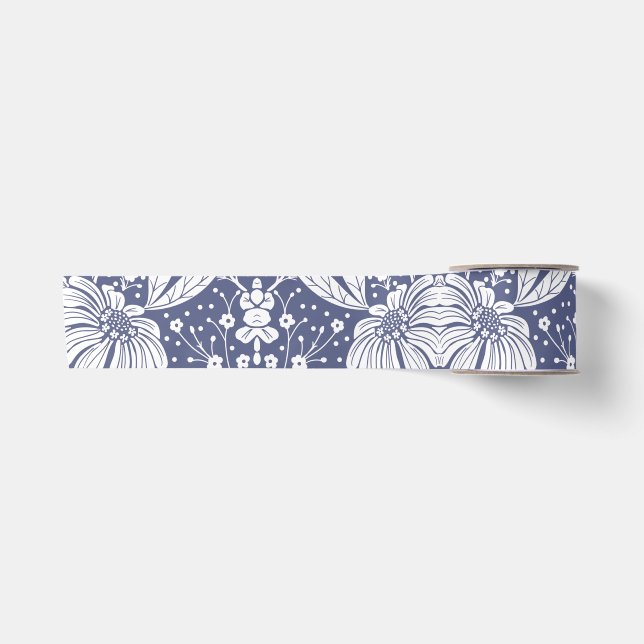 Ruban En Satin Bleu marine floral de style William Morris (Devant)