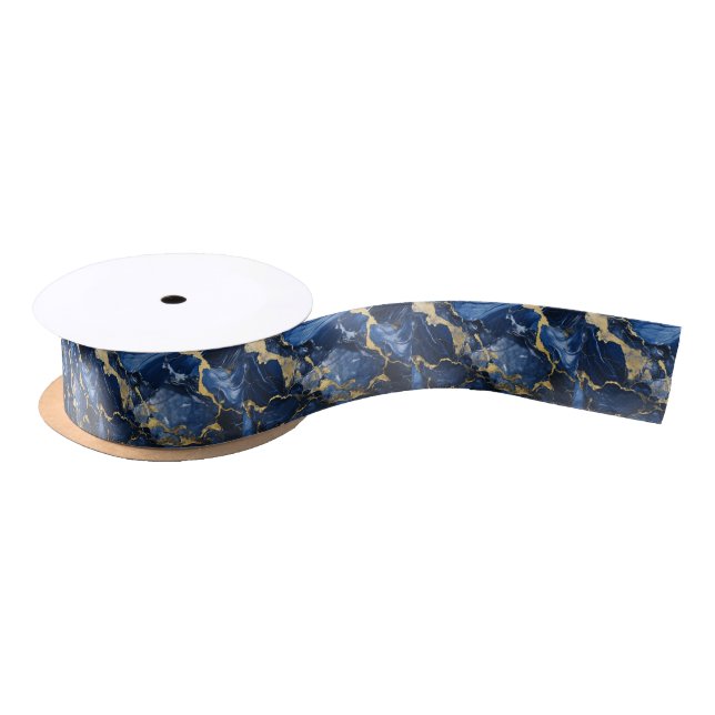 Ruban En Satin Bleu Nuit Marbre Doré (Bobine)