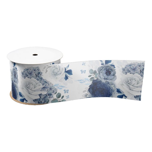 Ruban En Satin Bleu poussiéreux et bleu marine Floral Élégant rom (Bobine)