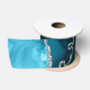 Ruban En Satin Bleu sarcelle et faux agate pailleté argenté