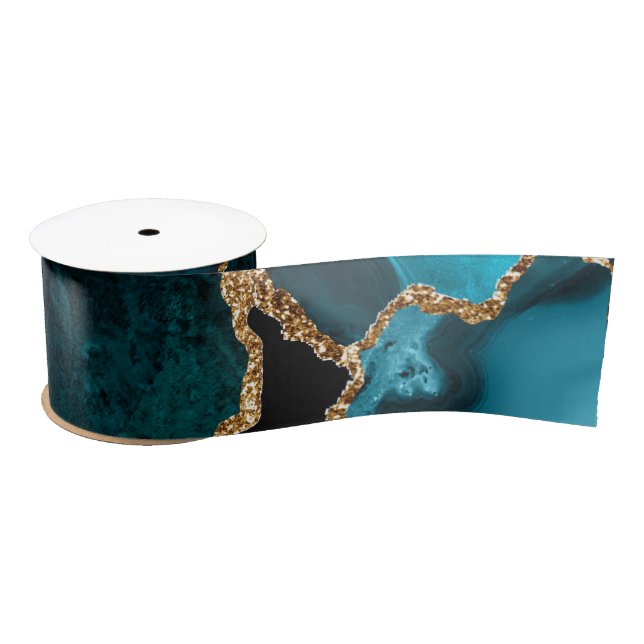 Ruban En Satin Bleu sarcelle et faux agate pailleté or (Bobine)