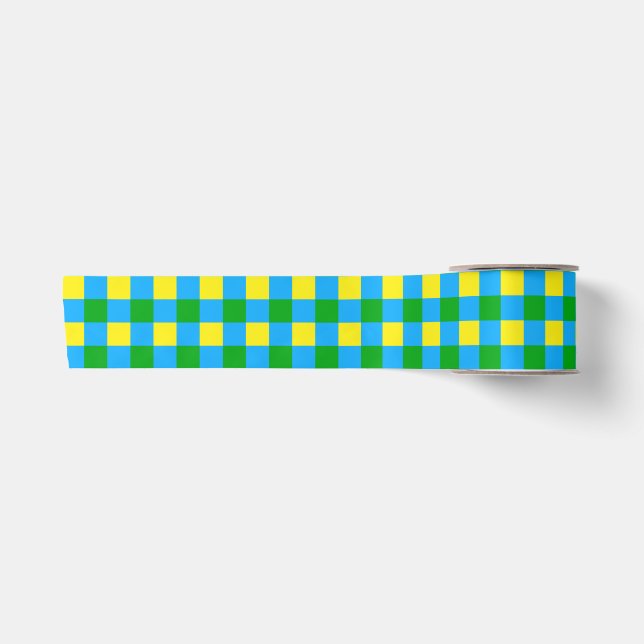 Ruban En Satin Bleu Vert Jaune Chèque Plaid Design Motif (Devant)