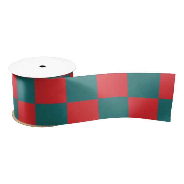 Ruban En Satin Blocs de damier turquoise et rouge (Bobine)