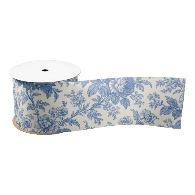 Ruban En Satin Blue and Cream Floral Toile de Jouy (Bobine)