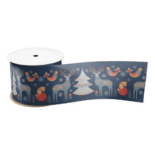 Ruban En Satin Blue Nordic Reindeer Noël Arbre Floral Fête