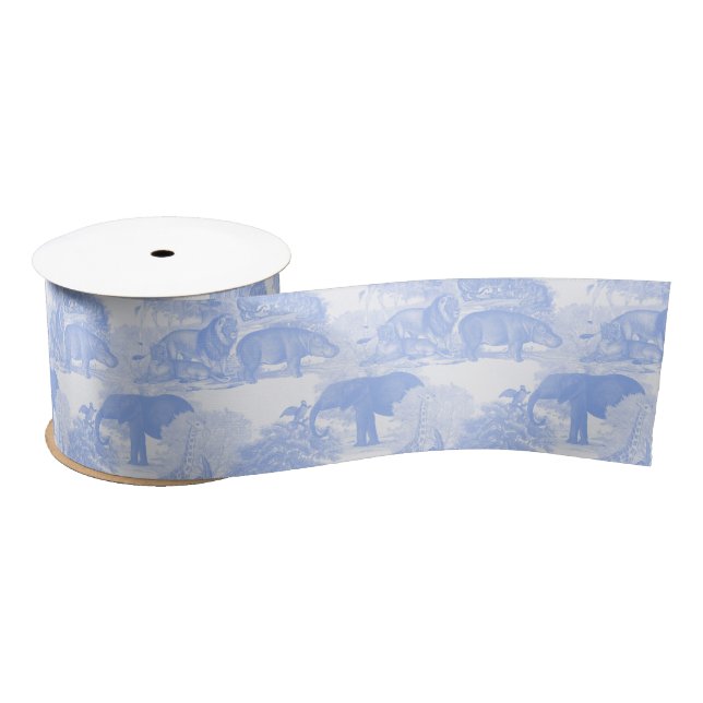 Ruban En Satin Blue Toile Jungle Animaux Safari Chinoiserie (Bobine)