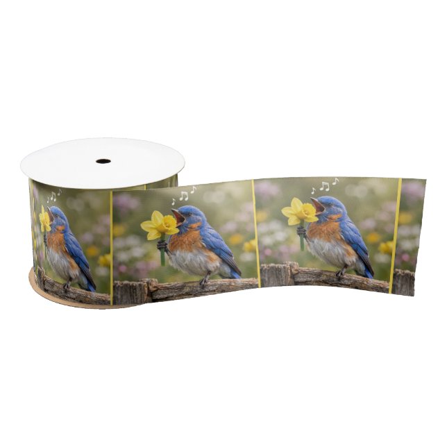 Ruban En Satin Bluebird Singing Into a Yellow Daffodil (Bobine)
