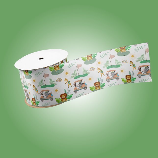 Ruban En Satin Boho Baby Elephant, Singe, Lion Golf Baby Motif (Wrap your Baby Shower gift with this adorable Golf Themed Elephant And Monkey Ribbon!)