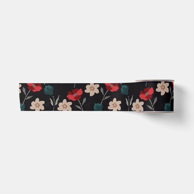 RUBAN EN SATIN BOHO FLEURS ABSTRAITES EN NOIR (Devant)