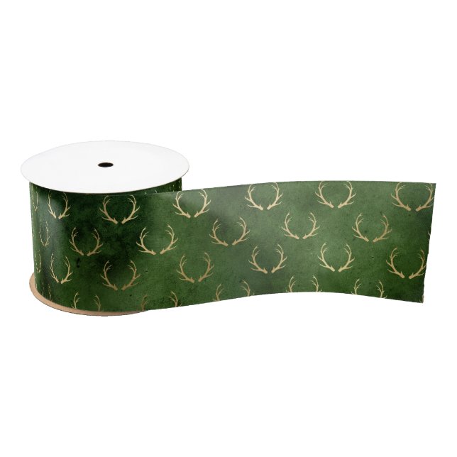 Ruban En Satin Boho Green Gold Antlers Noël (Bobine)