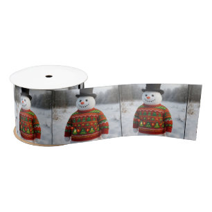 Ruban En Satin Bonhomme de neige portant un pull de Noël laid