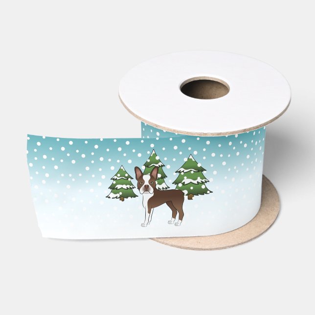 Ruban En Satin Boston Terrier Brun Dans Une Forêt D'Hiver (Bobine)