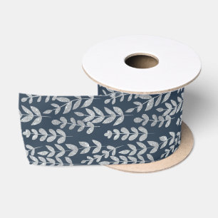 Ruban En Satin Botanique Argent Vins Feuille Marine Mur bleu