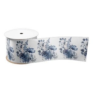 Ruban En Satin Bouquet fleur sauvage de style Delft bleu et blanc