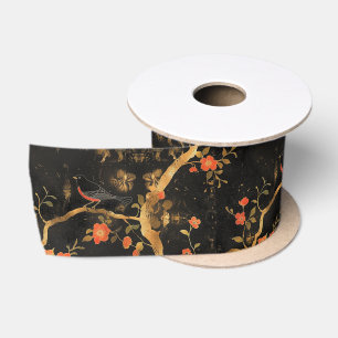 Ruban En Satin Branche d'arbre dorée et fleurs inspirées du Japon