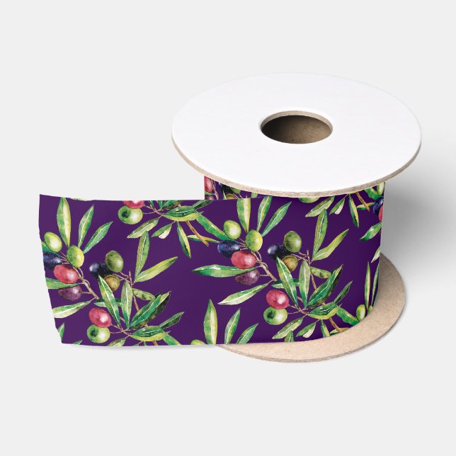 Ruban En Satin Branche de l'olive de l'aquarelle d'Indigo (Bobine)