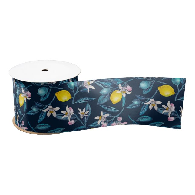 Ruban En Satin Branches de citron avec fleurs et fruits sur le bl (Bobine)