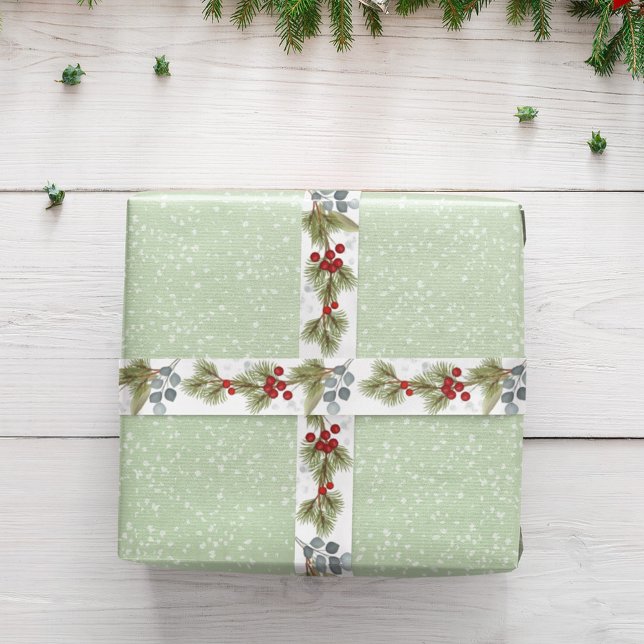 Ruban En Satin Branches de pins d'Eucalyptus Botanique Berries Ho (Christmas holiday greenery, red holly berries simple ribbon.)