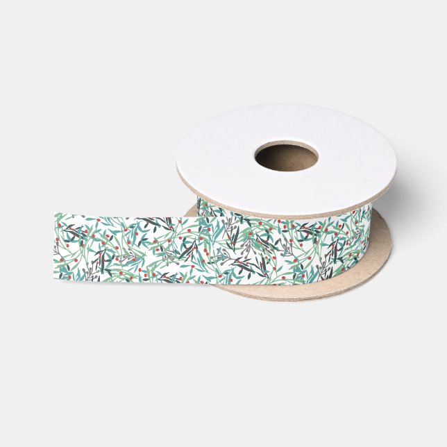 Ruban En Satin Branches Holly sur blanc (Bobine)