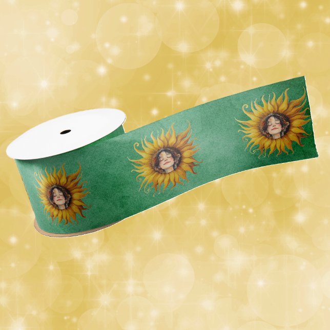 Ruban En Satin Bright Yellow Fancy Sunflowers Girls Face Green (Yellow fancy sunflower with cute face of girl in center on green gift wrap or craft ribbon.)