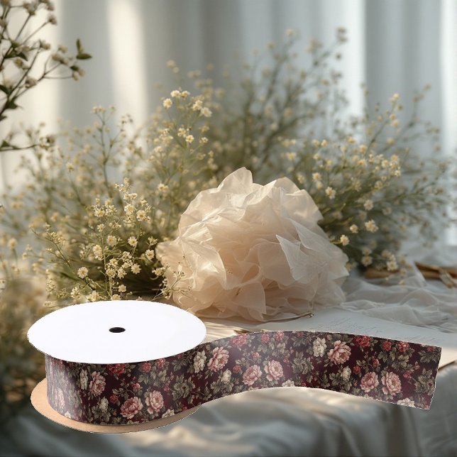 Ruban En Satin Burgundy Chinoiserie Christmas Romantic Floral Art (Burgundy Chinoiserie Christmas Romantic Floral Art Satin Ribbon)