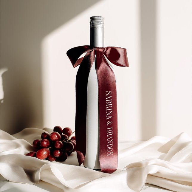 Ruban En Satin Burgundy Wedding Single Inscription Custom Names  (Elegant Burgundy Wedding Custom Names Satin Ribbon)
