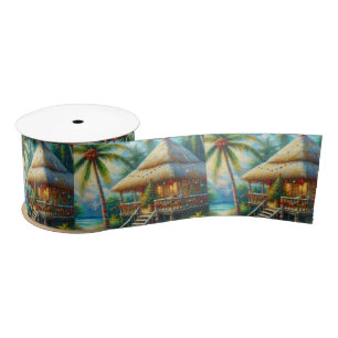 Ruban En Satin Cabane Tropicale Noël Palm Tree Beach Lumières
