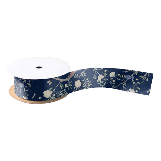 Ruban En Satin Camellia Garden Marine Blue Chinoiserie (Bobine)