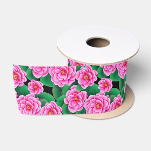 Ruban En Satin Camellias rose Fuchsia et Feuilles verts Jade
