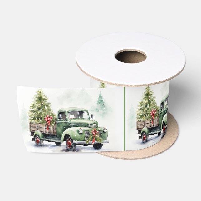 Ruban En Satin Camion Rétro Vert de Noël Avec Arbre (Bobine)