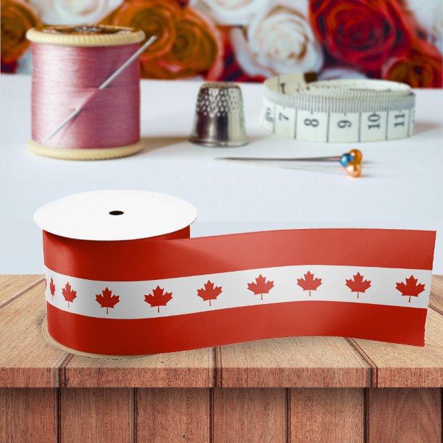 Ruban En Satin Canada Rouge Blanc drapeau canadien Motif Feuille  (Canada Canadian flag maple leaf pattern striped ribbon)