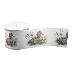 Ruban En Satin Canard D'Aquarelle En Fleurs