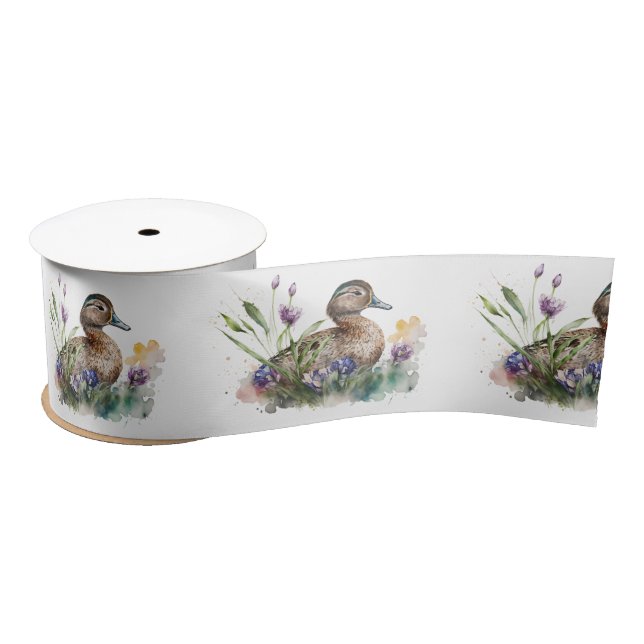 Ruban En Satin Canard D'Aquarelle En Fleurs (Bobine)