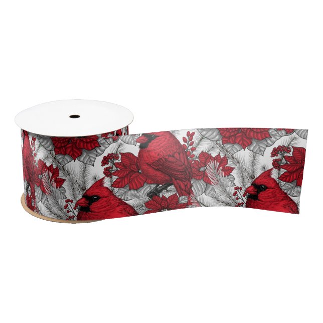 Ruban En Satin Cardinaux et poinsettia en rouge et blanc (Bobine)