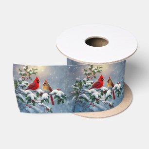 Ruban En Satin Cardinaux rouges et houx dans la neige