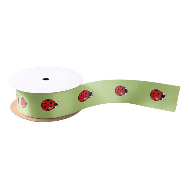 Ruban En Satin Caricature Rouge Ladybugs Sur Vert (Bobine)