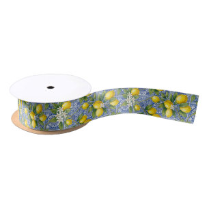 Ruban En Satin Carreau bleu français rayé jaune citron