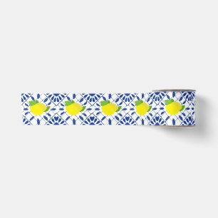 Ruban En Satin Carreau de citron géométrique bleu