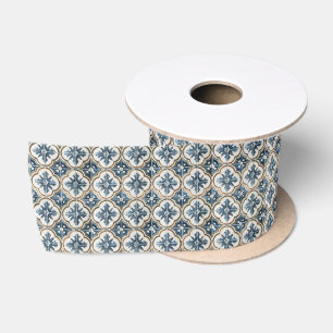 Ruban En Satin Carreau espagnol méditerranéen motif or bleu