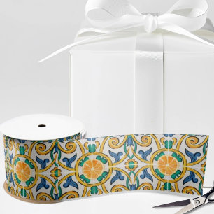 Ruban En Satin Carreau sicilien et oranges sur fond blanc